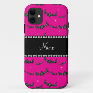 Personalized name neon hot pink glitter bats iPhone 11 case