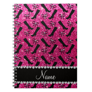Personalized name neon hot pink glitter boots bows spiral notebook