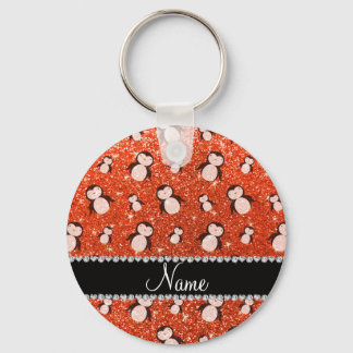 Personalized name neon orange glitter penguins key ring