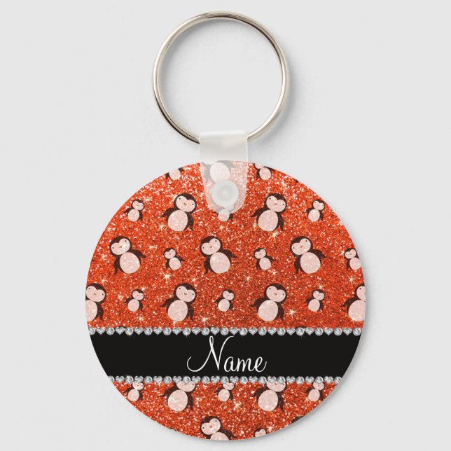 Personalized name neon orange glitter penguins key ring (Front)