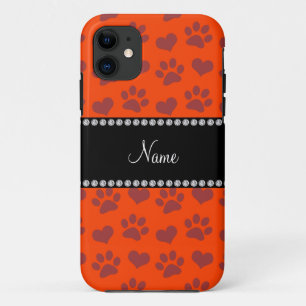 Personalized name neon orange hearts and paw print Case-Mate iPhone case