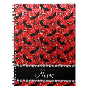 Personalized name neon red glitter fancy shoes bow spiral notebook