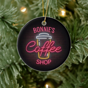 Personalized NAME Neon Style Coffee Shop Custom Ceramic Tree Decoration