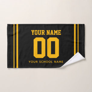 Personalized Name & Number, Black Gold Team Sport Hand Towel