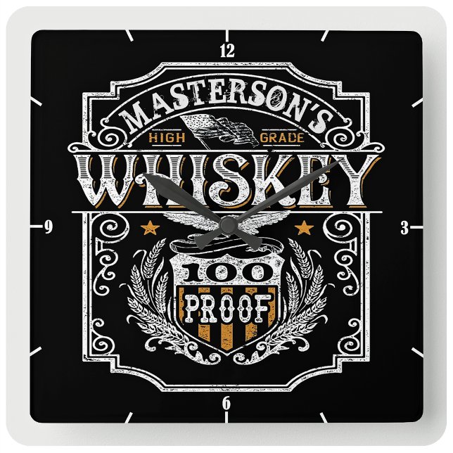 Personalized NAME Old West Whiskey Brewery Bar Square Wall Clock (Creator Uploaded)
