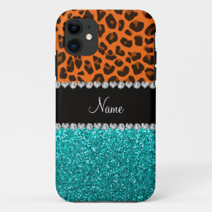 Personalized name orange leopard turquoise glitter Case-Mate iPhone case