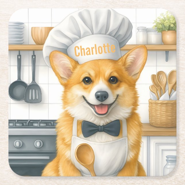 Personalized Name Pembroke Welsh Corgi Dog Chef Square Paper Coaster (Front)