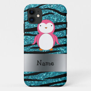 Personalized name pink penguin zebra stripes iPhone 11 case