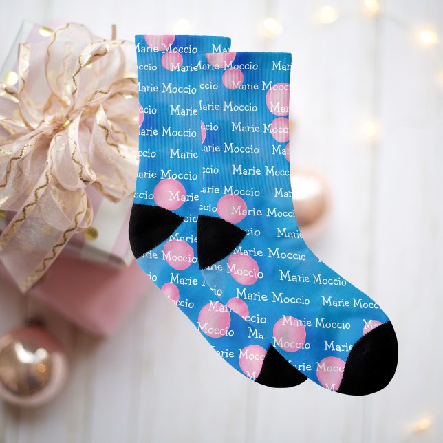 Personalized Name Pink Polka Dot Bubbles Blue Socks (Blue Birthday Socks)