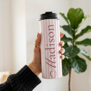 Personalized Name Pink Striped Teacher Nurse Mom Thermal Tumbler