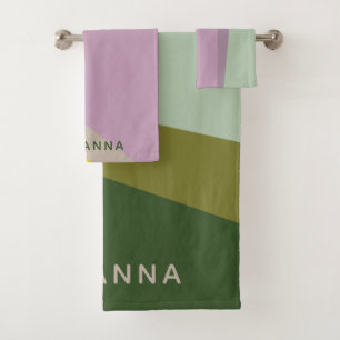 Personalized Name Purple Green Stylish Geometric Bath Towel Set