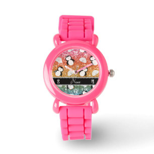 Personalized name rainbow glitter penguins igloos watch