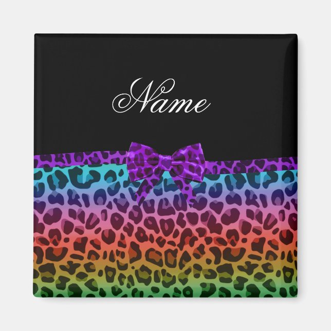 Personalized name rainbow leopard print purple bow magnet (Front)