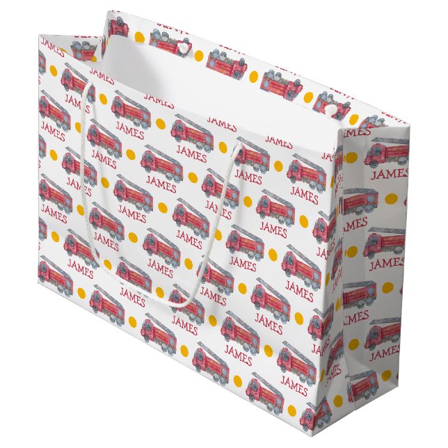 Personalized Name Red Fire truck Party Large Gift Bag (Front Angled)