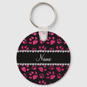 Personalized name rose pink glitter cat paws key ring