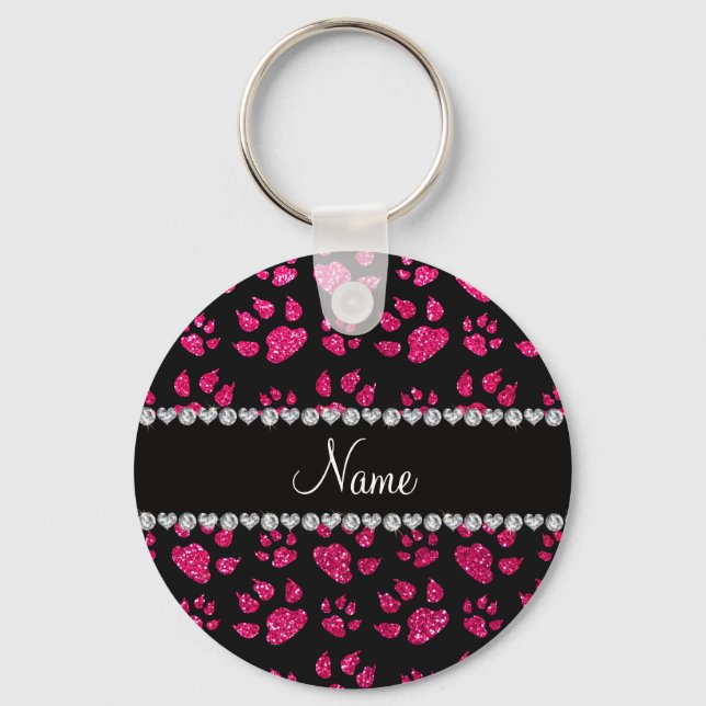 Personalized name rose pink glitter cat paws key ring (Front)