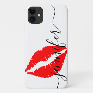 Personalized Name, Script-Red Lips, White/Black Case-Mate iPhone Case