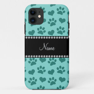 Personalized name seafoam green hearts and paws Case-Mate iPhone case