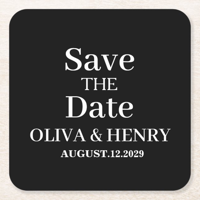 PERSONALIZED NAME SIMPLE STYLISH SAVE THE DATE SQUARE PAPER COASTER (Front)