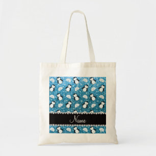 Personalized name sky blue glitter penguins igloos tote bag