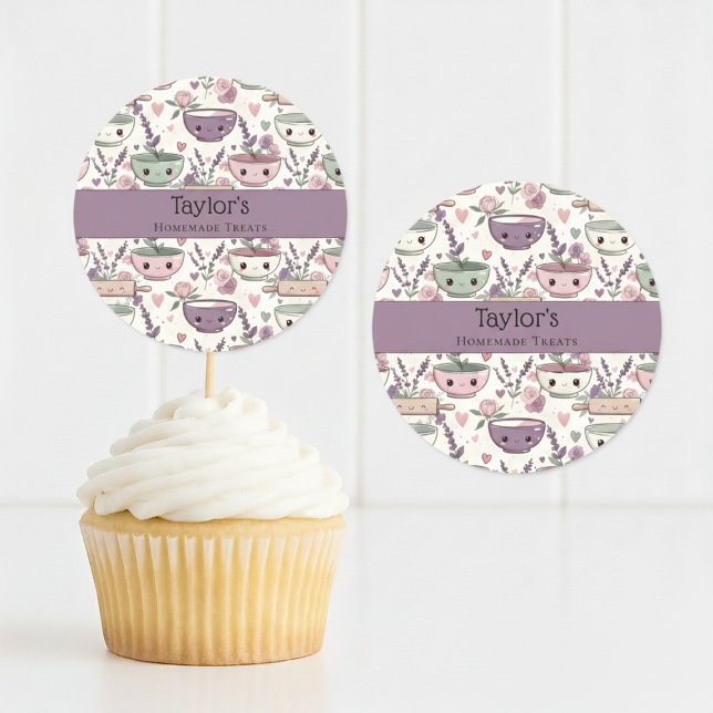 Personalized Name Smiling Utensil Cupcake Topper  Classic Round Sticker (Creator Uploaded)