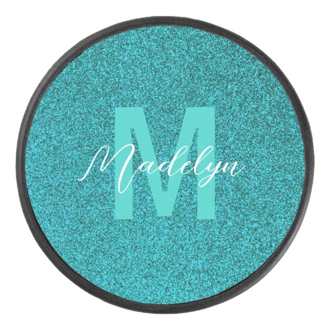 Personalized Name Stylish Glitter green Hockey Puck (Front)