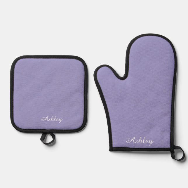 Personalized Name Stylish Modern Elegant lavender  Oven Mitt & Pot Holder Set (Front)