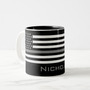 Personalized Name Thin Gray Line Flag Two-Tone Coffee Mug