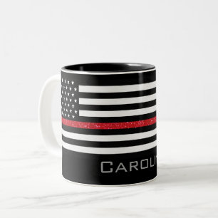 Personalized Name Thin Red Line Glitter Flag Two-Tone Coffee Mug