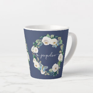 Personalized Name Watercolor Navy Floral Butterfly Latte Mug