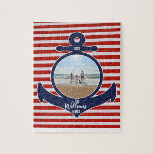 Personalized Name & Year Red White & Blue Anchor Jigsaw Puzzle