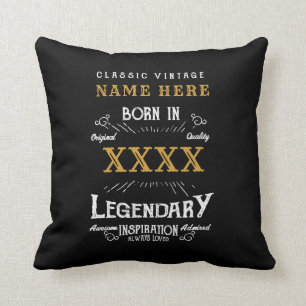 Personalized Name Year Retro Legend Black Birthday Cushion