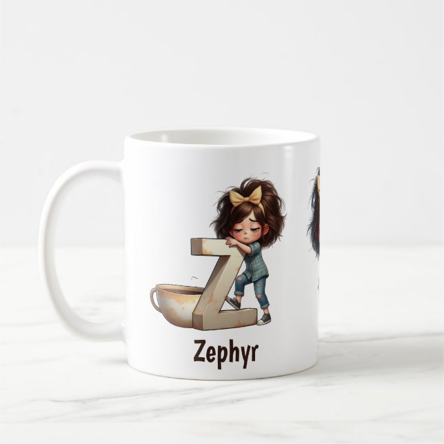 Personalized Name & Z Sleepy Morning Plaid Charact Coffee Mug (Left)