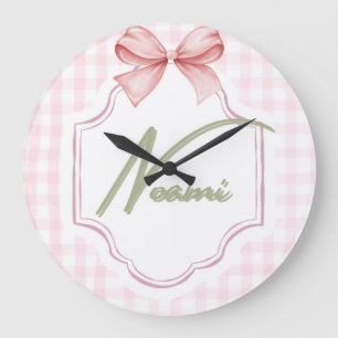 Personalized Naomi Baby Girl Nursery Bow&Gingham Large Clock