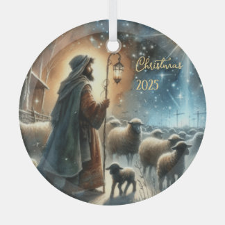 Personalized Nativity Shepherd Glass Tree Decoration