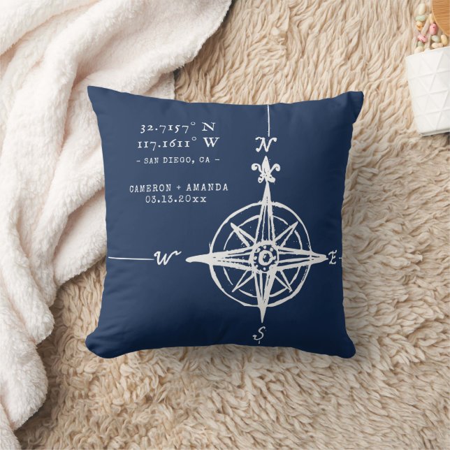 Personalized Nautical Coordinates & Compass Rose Cushion (Blanket)