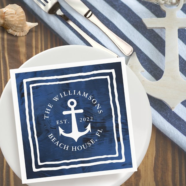 Personalized Nautical Navy Blue White Anchor Napkin (Creator Uploaded)