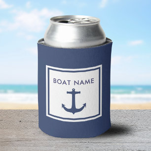 Personalized Nautical New Boat Name Blue Anchor Can Cooler