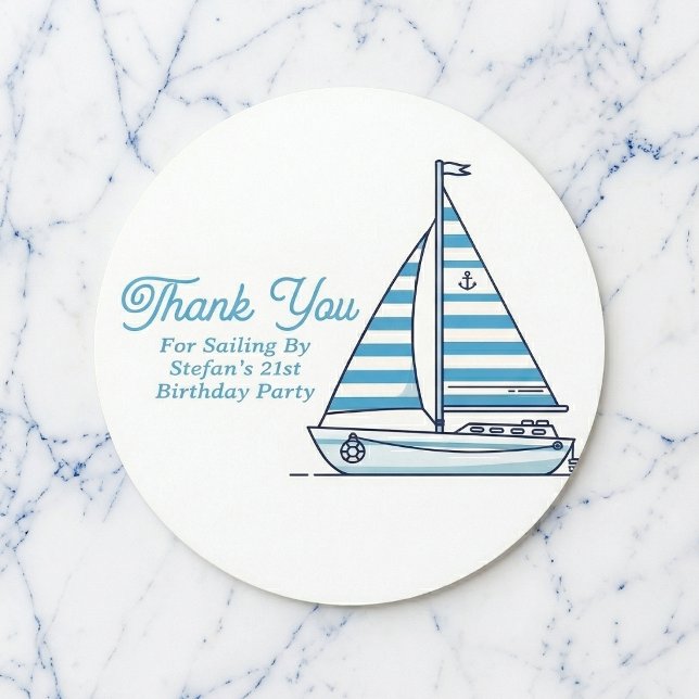 Personalized Nautical Sailboat Cabana Stripe  Classic Round Sticker (Personalized stickers for your celebration.)