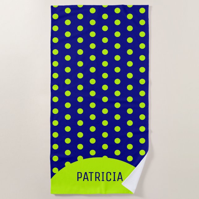 Personalized Navy Blue And Lime Green Polka Dot Beach Towel (Front)