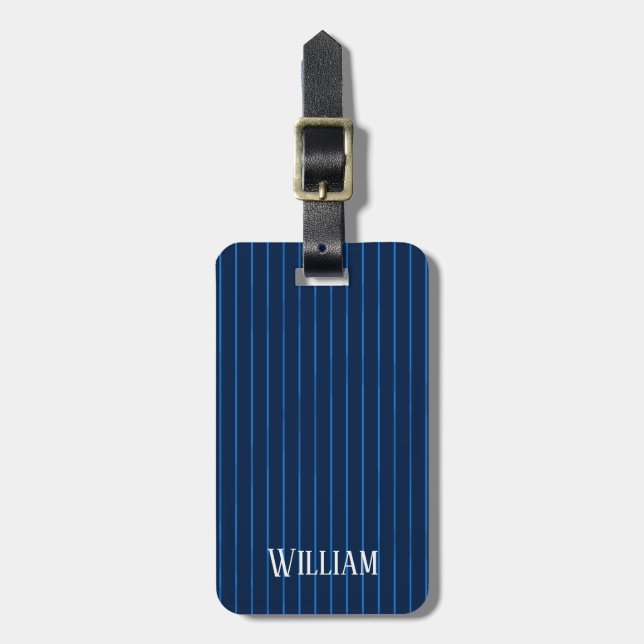 Personalized navy blue pinstripes luggage tag (Front Vertical)