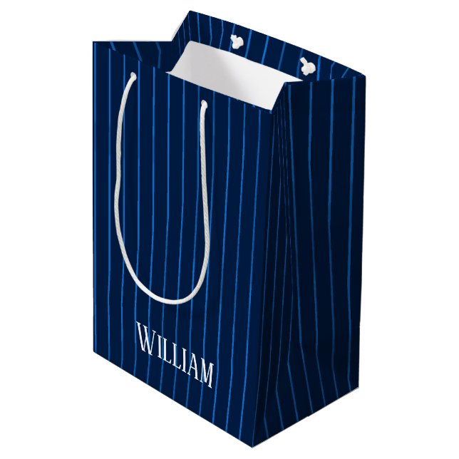 Personalized navy blue pinstripes medium gift bag (Back Angled)