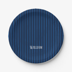 Personalized navy blue pinstripes paper plate