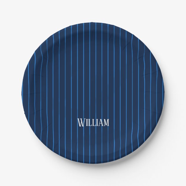 Personalized navy blue pinstripes paper plate (Front)