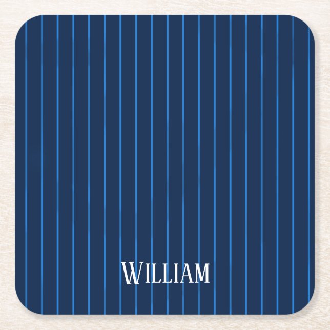 Personalized navy blue pinstripes square paper coaster (Front)