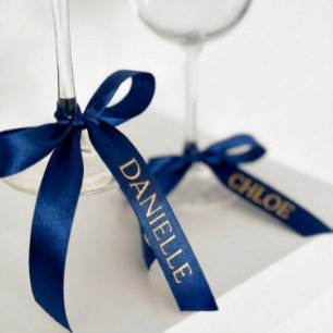 Personalized Navy Blue Ribbon with Gold Name Text Satin Ribbon