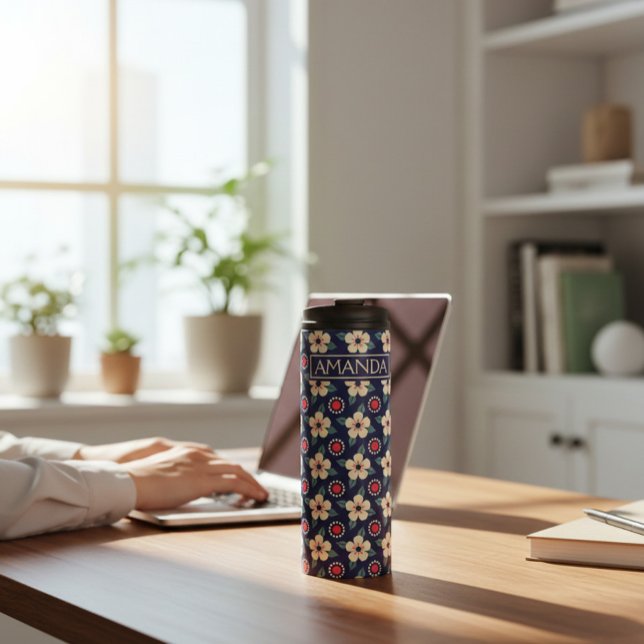 Personalized Navy Blue Vintage Floral Thermal Tumbler (Creator Uploaded)
