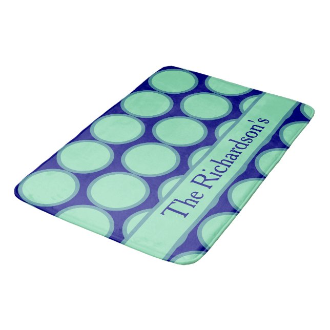 Personalized Navy Mint Polka Dot Pattern Modern  Bath Mat (Angled)