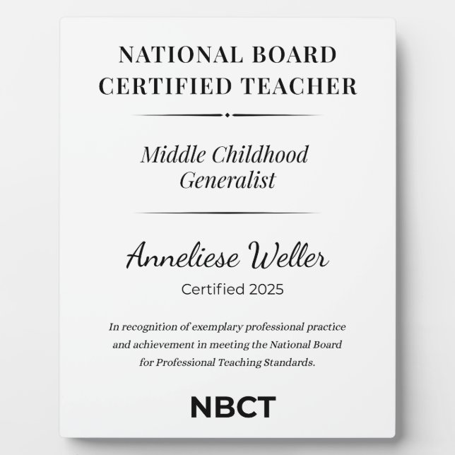 Personalized NBCT Middle childhood generalist Plaque (Front)