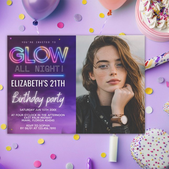 Personalized Neon Glow Birthday Invitation Photo (Creator Uploaded)